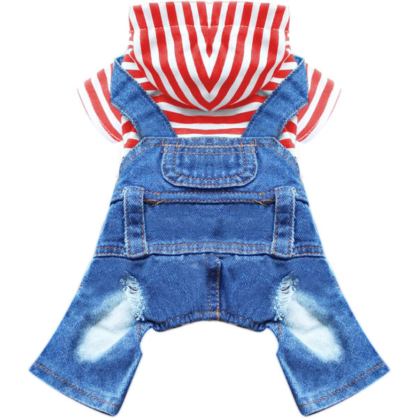 Pieni koira huppari vaatteet söpö raita paidat denim haalari yhden kappaleen asu poika tyttö chihuahua siniset farkut haalarit pentu puku (punainen,XL)