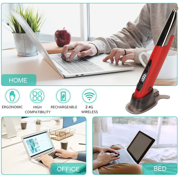 Wireless Pen Mouse, Rechargeable, Luminous, Silent, Small, Portable, Bluetooth 2.4g, Dual Mode, Wireless Pen Mouse for PC, Laptop, Red 0.1