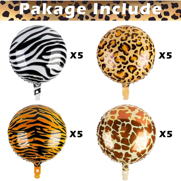 20 stykker runde aluminiumsfolie balloner Tiger leopard Zebra mønster Helium Ballon Jungle Dyr Festartikler Wildlife Print Balloner, 18 tommer