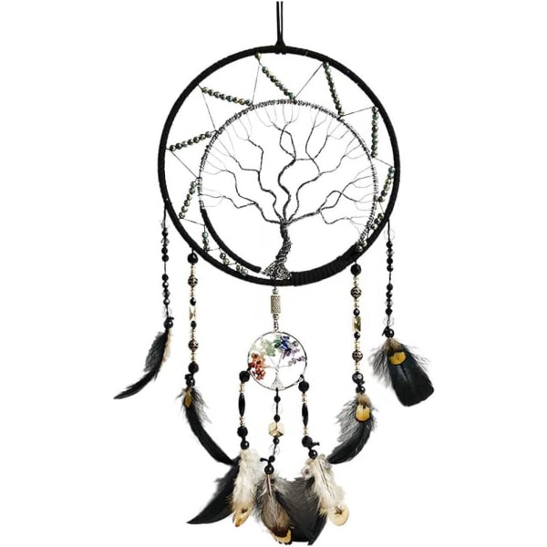 7 Chakras Tree of Life Drömfångare Väggdekor, Regnbågsläkning Kristallsten Handgjorda svarta fjäder Drömfångare Vägghängande ornament