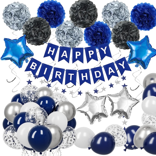 60st födelsedagsfestdekorationer för män Pojkar Marinblå festdekor Silverkonfettiballonger Folieballonger, blompumps, födelsedagsbanner