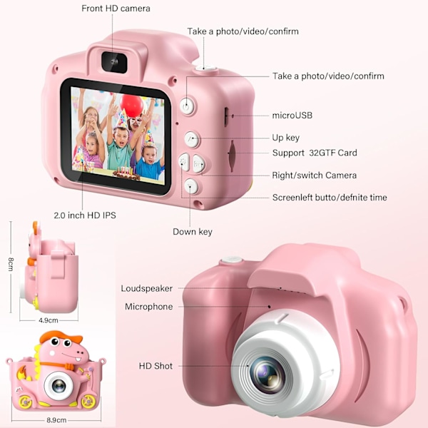 Dinosauruskamera, lasten kamera 2 tuuman näytöllä, 1080P, 32GB lasten selfiekamera, sopii kaikille 3-12-vuotiaille lapsille, pojille tai tytöille Pink