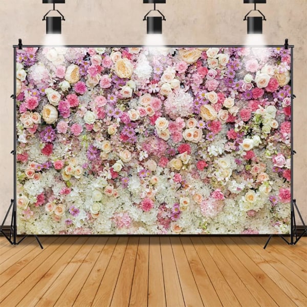 7x5ft Blomvägg Bakgrund för Fotografering Porträtt Ros Daisy Kronblad Rosa Vit Lila Blommig Bakgrund Förlovning Baby Shower Bday Fest Dekor