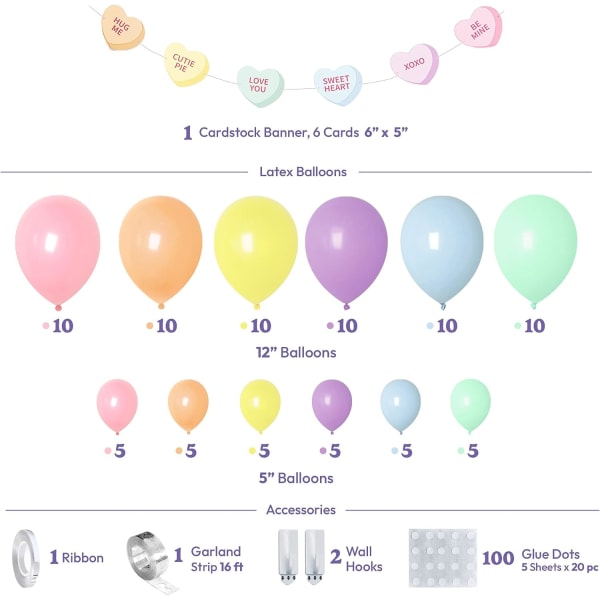 Regnbue ballongbue sett - 100 stk pastell ballongbue sett med kartongbanner, rosa, oransje, gule, lilla og blå ballonger