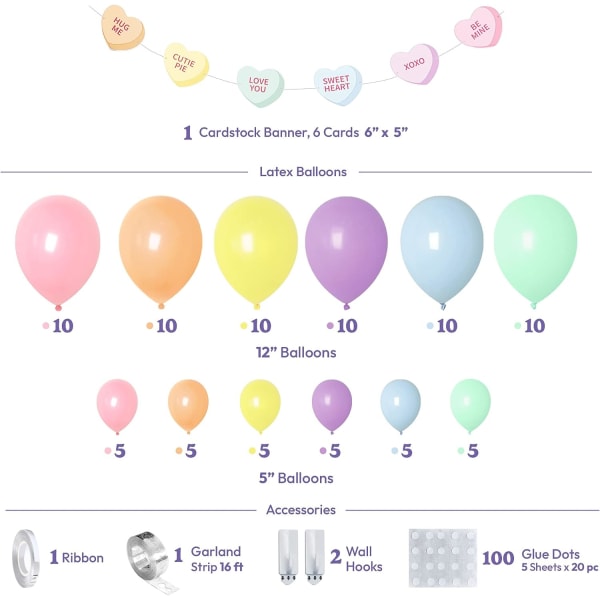 Regnbueballongbuesett - 100 stk Pastellballongkranssett med kartongbanner, rosa, oransje, gule, lilla og blå ballonger