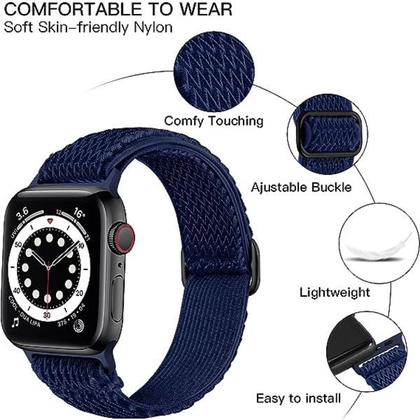 Elastiset rannekkeet, jotka ovat yhteensopivat Apple Watch -rannekkeiden kanssa, joustava Solo Loop -pehmeä nylon vaihtoranneke miehille / keskiyönsininen / koko: 42/44/45 mm