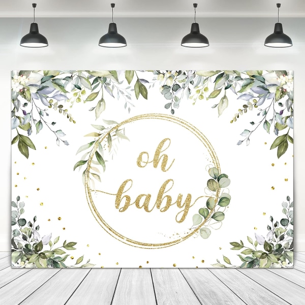 6*4 fot, grönskande babyshower-bakgrund 7Wx5H fot tyg polyester guld Oh Baby-skylt för bakgrund