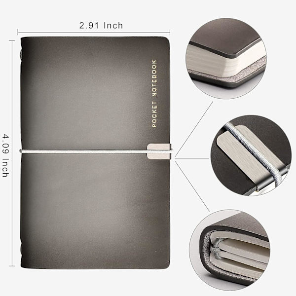 Läderjournal för skrivning Fickstorlek Liten anteckningsbok för anteckningar, Journal för kvinnor Män, 2 linjerade papper och 1 tomt papper (A7 Grå)