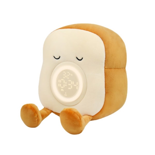 Plyschleksak nattljusväckarklocka för barn, multi-i-ett Cozy Toast Plushies sängklocka med dubbla larm och snooze, dimbar sänglampa