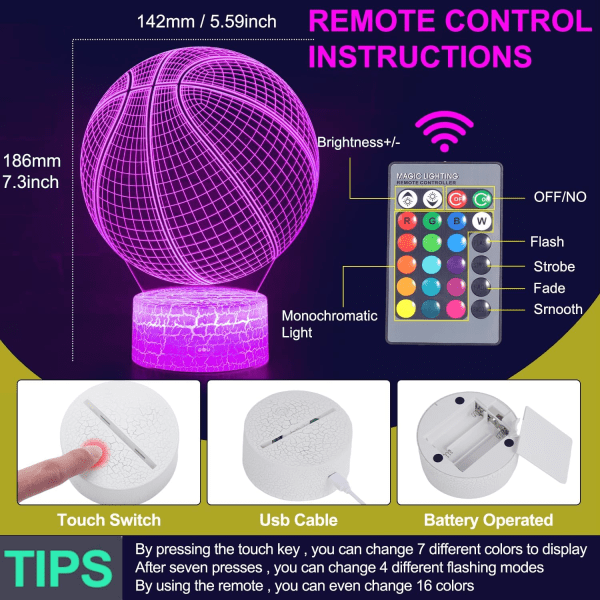 Basketball natlampe til børn, 3D illusionslampe, LED-lys fjernbetjening 16 farver skiftende dæmpbar, julegaver