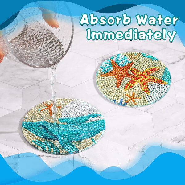 8 stk Ocean Diamond Art Painting Coasters Kits med holder, Diamond Art Anti-Slip Coaster Kits DIY with Holder Crafts