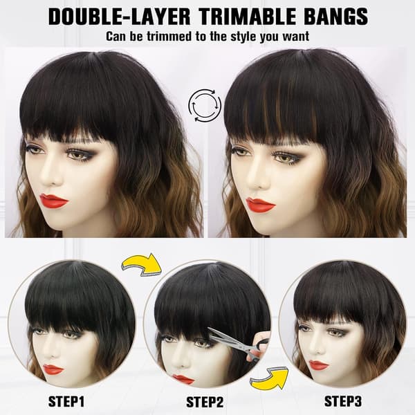 Short Wavy Wig with Bangs for Women Shoulder Length Bob Curly Wom