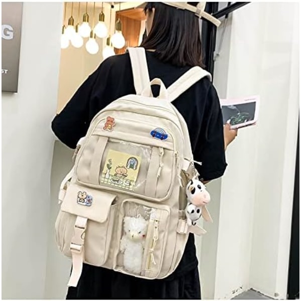 Kawaii-rygsæk med Kawaii-nål og tilbehør Rygsæk Sød æstetisk rygsæk Sød Kawaii-rygsæk til skole (hvid)