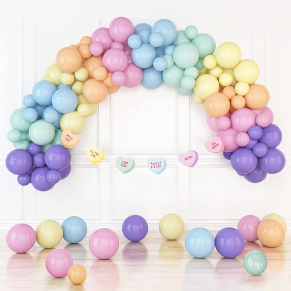 Regnbueballonbuesæt - 100 stk. Pastelballonguirlandesæt med kartonbanner, pink, orange, gul, lilla og blå balloner