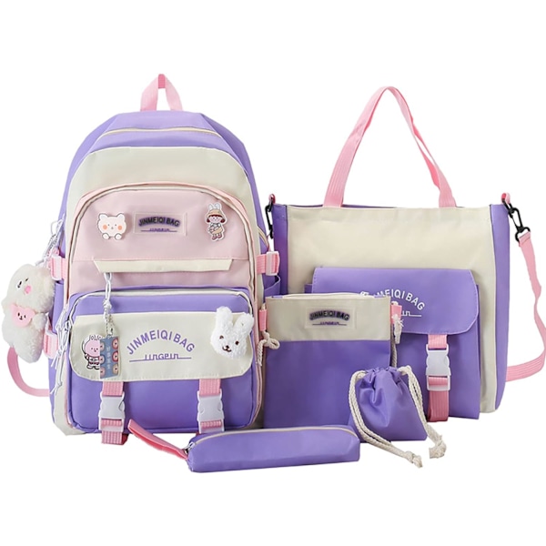 Kawaii ryggsekksett med 5 deler estetisk ryggsekk for skole tenåringsjenter daglige nødvendigheter med sjarm og pins, pennal, tote bag, liten veske.