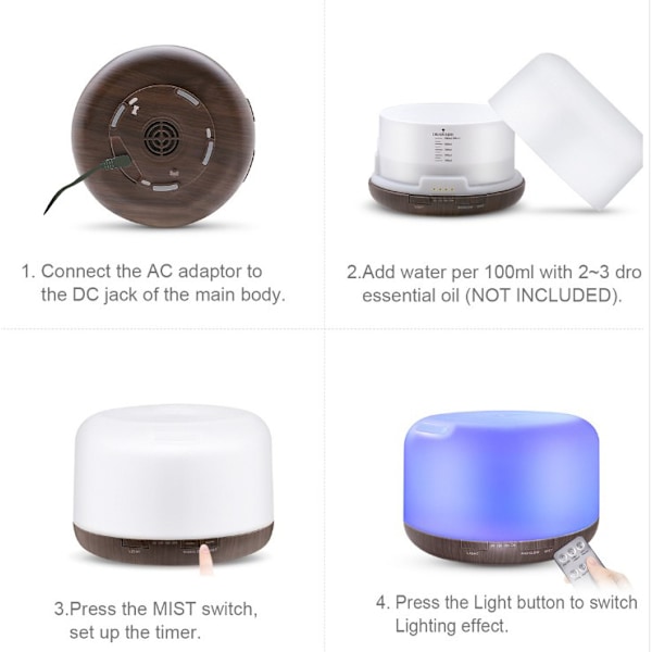 500ml Stor Kapacitet Fjärrkontroll Färgglad Kreativ Luftfuktare Hushåll Träådring Luftfuktare Light brown