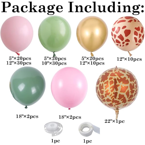 Djurtryckt rosa salviagrön ballonggirlang bågset 145 st djungel födelsedag flicka skogs babyshower vild en dekor för festtillbehör