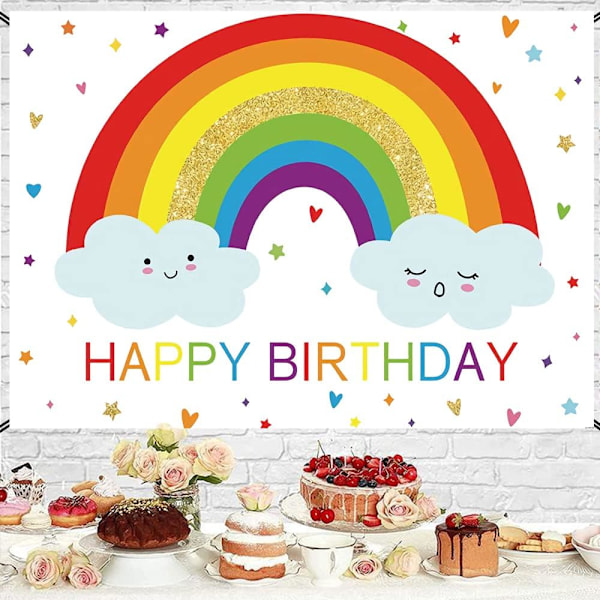 7x5ft Regnbåge Födelsedag Bakgrund för Pojkar Flickor Prinsessa Födelsedagsfest Baby Shower Bakgrund Färgglada Stjärnor Regnbåge Vita Moln Bakgrund