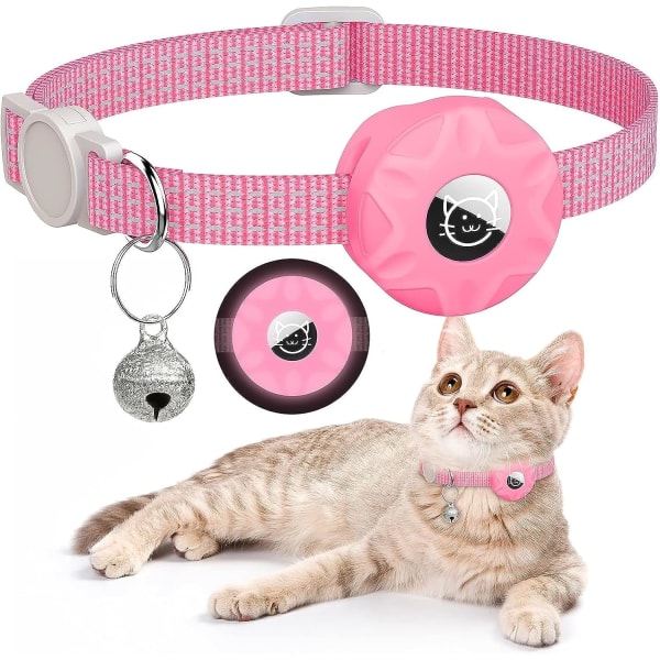 AirTag kattehalsbånd, indbygget reflekterende halsbånd med AirTag-holder, GPS til killinger og hvalpe - Kattehalsbånd med klokke - PinkL