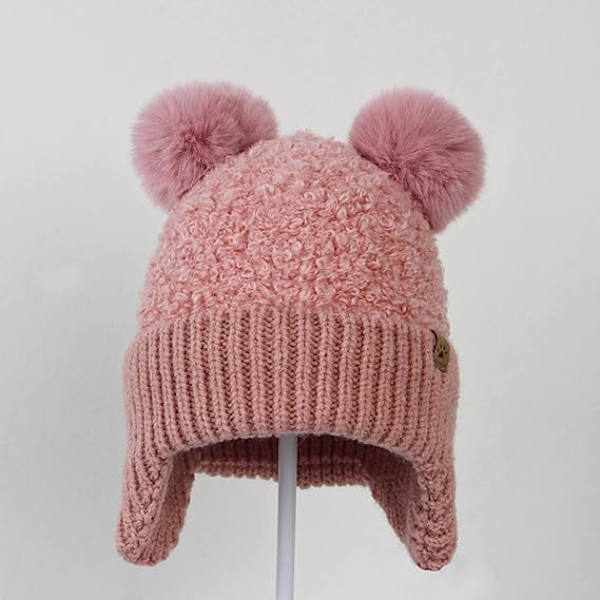 Baby Bomuldshat til Spædbørn Piger Drenge Blød Varm Strikhue Børne Vinterhue med Fleece Ørevarmer Halstørklæde Hue