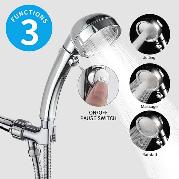 Chrome High-Pressure Handheld Shower Head with ON/OFF Pause Button, 3 Spray Modes Shower Wand with Shut-Off Button, Detachable Camping Shower with