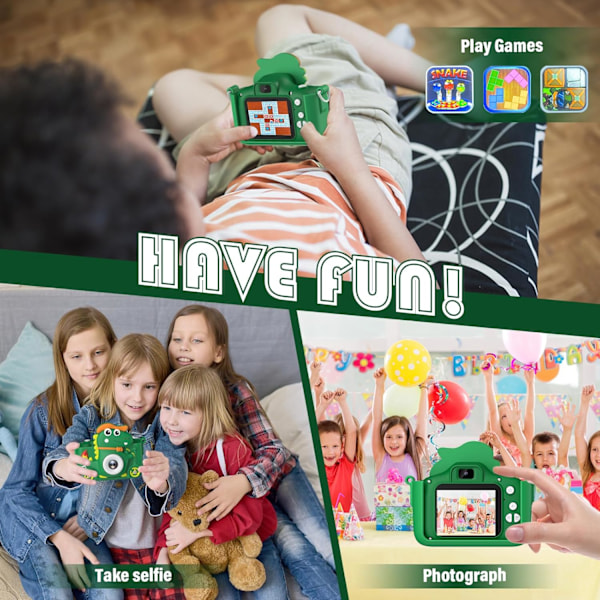 Dinosauriekamera, barnkamera med 2-tums skärm, 1080P, 32GB barns selfiekamera, lämplig för alla barn 3-12 år, pojkar eller flickor Green