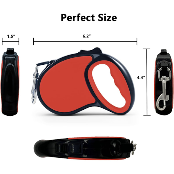 Indtrækkelig hundeline, 16 fod [stærk nylonrem] 360° Tangle-Free til små mellemstore hunde op til 30 lbs, enhåndsbremse, pause, lås (rød)