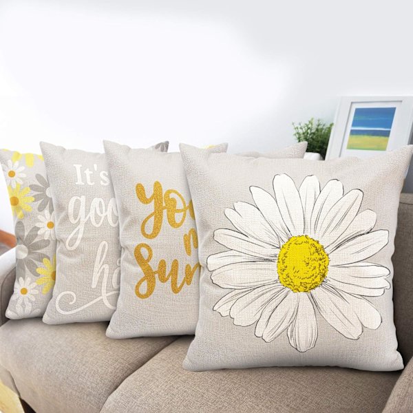 Våren Sommar Kuddfodral 18x18 Set om 4, Gul Grå Dekor Solros Kasta Kuddfodral 18x18 Inomhus Utomhus för Soffa Soffa Kudde för Hem