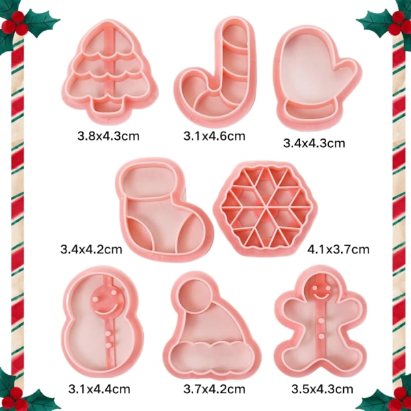 Jul Cookie Cutters Set om 8, Squeezable Plast Jul Cookie Cutters, Julgran, Snögubbe, Pepparkaksgubbe, Sockhandskar, Strumphätta