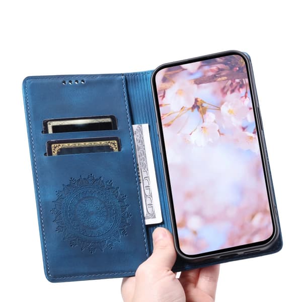 For Samsung Galaxy S25 Wallet Case Cover Shell Mandala Floral Pattern Blå blue