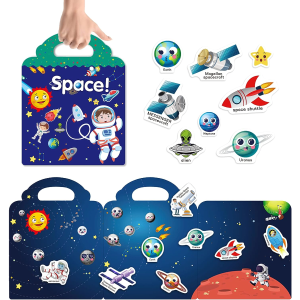 Genanvendelig klistermærkebog Cute Space Stickers, Window Clings til børn, Pædagogisk Magic Sticker Pad Book Legetøj til børn Småbørn Drenge 2-4