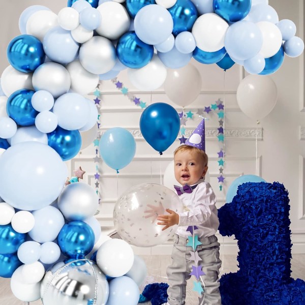 147 st blå ballonggirlanderbågssats metallisk pastellblå vit latexballonger och 4D silverballonger set för festdekorationer
