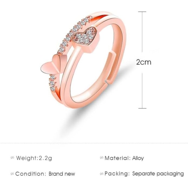 Kvinder Dobbeltlags Hjerteform CZ Krystal Ring Rose Guld Sølv 2 Farver Simuleret Diamant Ring Åbningsring, Sølv,1 Stk
