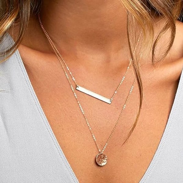 Fint lagdelt choker-kjede, håndlaget 14K gullbelagt flerlags stangskivekjede justerbare lagdelte choker-kjede for kvinner