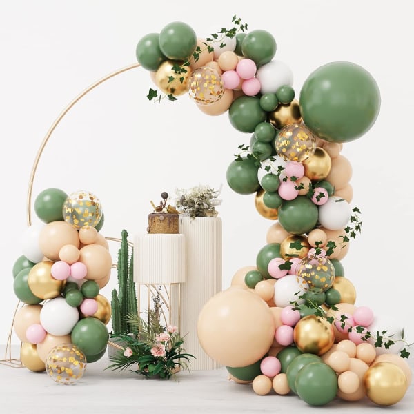 150 st Sage Green Pink Balloon Garland Arch Kit, Olivgrön Blush Peach Guldballonger med konstgjord murgröna för festdekorationer