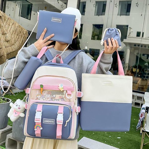 5 st kawaii-ryggsäckar, söt ryggsäck, estetisk ryggsäck, preppy ryggsäck set kawaii skolmaterial med accessoarer (blå)