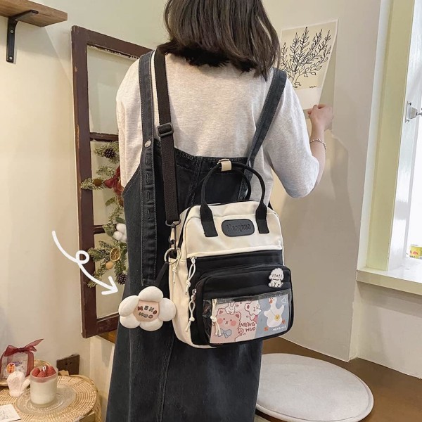 Kawaii Backpack Cute Messenger Bag Crossbody Canvas Tote Bag for Women Kawaii Ita Bag with Kawaii Accessories-black