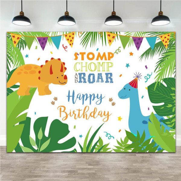 7x5ft Dinosauriebakgrund Glad födelsedag tecknad dinosaurietema för födelsedagsfest Bday-bakgrund för tropiska djungelbanderolldekorationer
