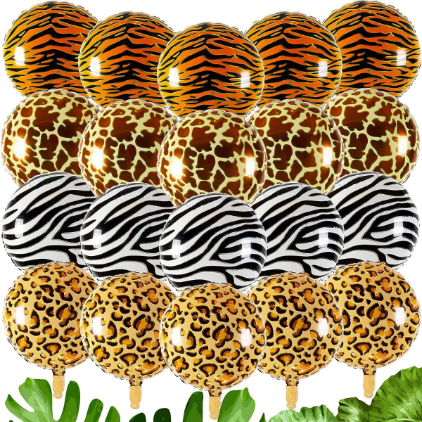 20 stykker runde aluminiumsfolieballonger Tiger leopard Sebramønster Heliumballong Jungel Dyr Festutstyr Wildlife Print Ballonger, 18 tommer