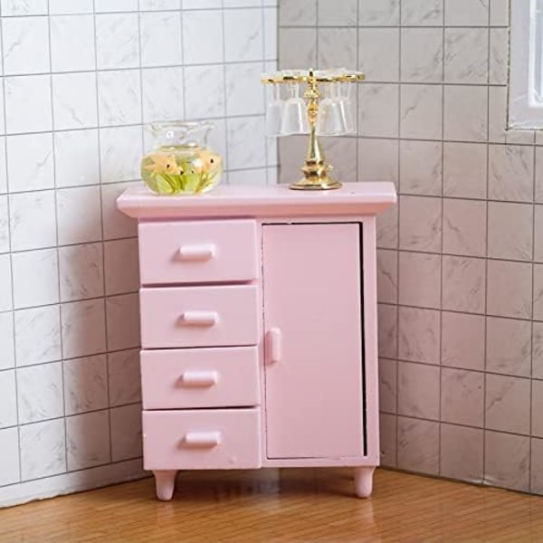 Dukkehus Natbord Miniature træ sengebord Møbelskab til minihus skænk tilbehør Stue Scene (Pink)