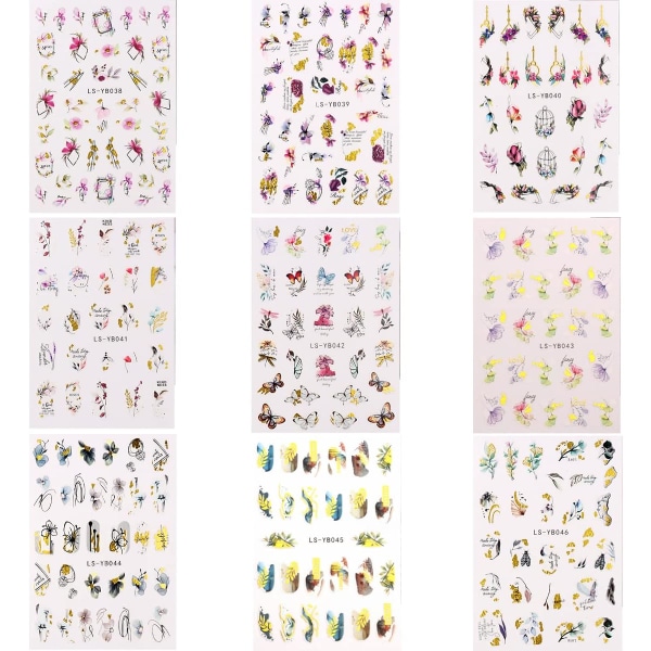 9 kpl Kukat Nail Art Tarrat Tarrat Butterfly Design Tarrat Itseliimautuvat Tarrat Kukkaperhoset Akvarelli Kynsitarrat Tee-se-itse manikyyri koristelu
