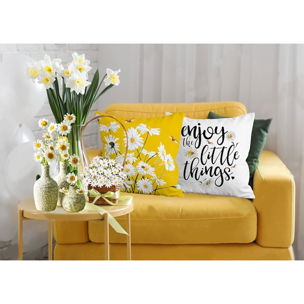 Vårfodral för kuddar 18x18 tum Set om 4, Gårdsvår Sommar Dekor Daisy Floral Gul Kuddöverdrag för Soffa Inomhus Utomhus