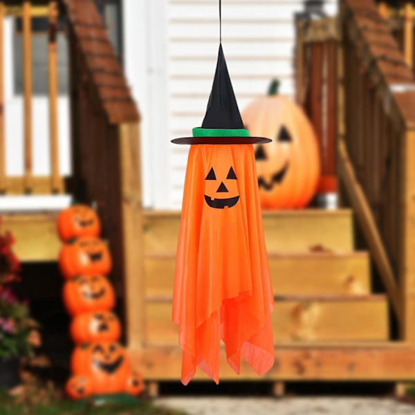 Pumpan med häxhatt - Förinstallerad Halloween-dekor häxspöke pumpa, utomhus/inomhus hängande prydnader för festgård dörr fönster träd veranda