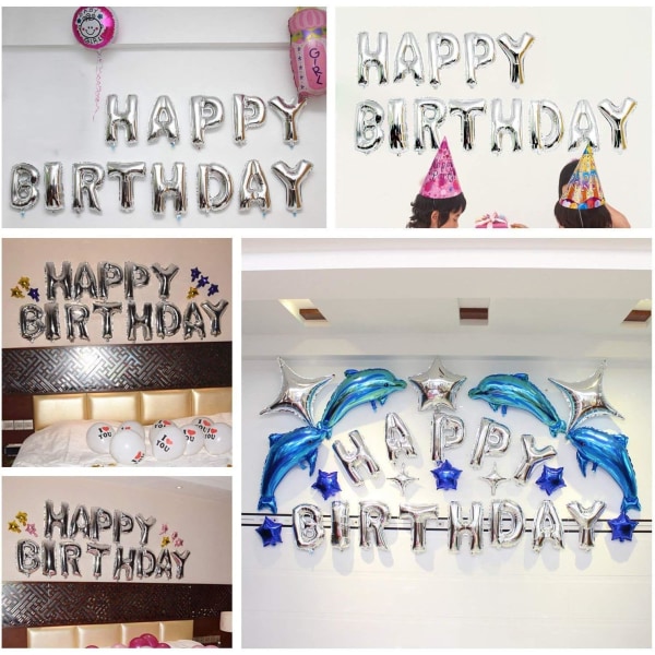 Silver Happy Birthday Ballonger Banner, 16 Tum Mylar Folie Bokstäver Skylt Vimpel Återanvändbart Ekovänligt Material