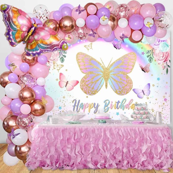 Butterfly Happy Birthday Tausta Purppura Vaaleanpunainen Kukka Sateenkaari Perhonen Syntymäpäivä Tausta Perhonen Syntymäpäiväkoristeet Juhlabanneritarvikkeet 8X6ft