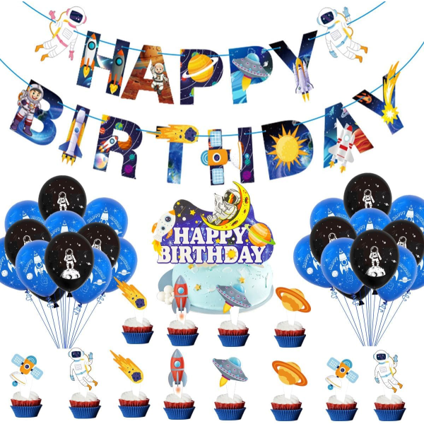 Tilbehør til fødselsdagsfest til det ydre rum, Festdekorationer til det ydre rum inkluderer rumballon, tillykke med fødselsdagens banner, kagetopper, latexballon og baggrund