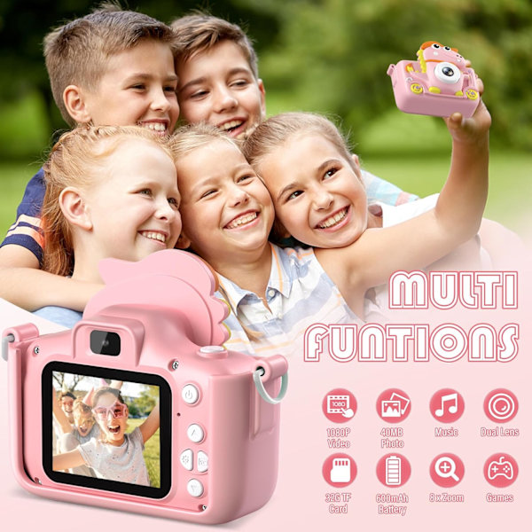 Dinosauriekamera, barnkamera med 2-tums skärm, 1080P, 32GB barns selfiekamera, lämplig för alla barn 3-12 år, pojkar eller flickor Pink