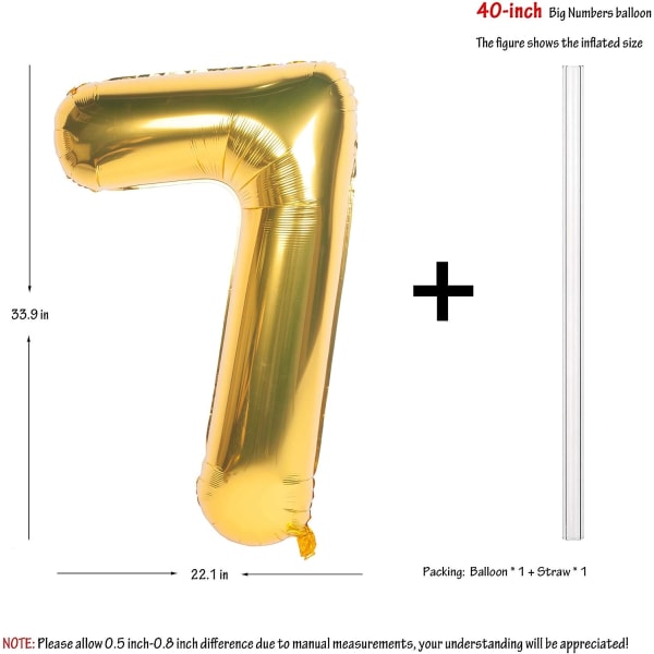 2 stk 40 tommers digitale heliumfolie bursdagsfestballonger gullnummer 7