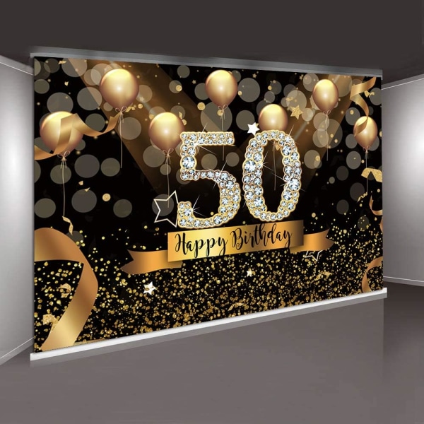 7x5ft Happy 50th Birthday Party Bakgrunn Glitter Svart og Gull Ballonger Bakgrunn for Kvinne Fabulous 50 Bday Party Dekorasjoner