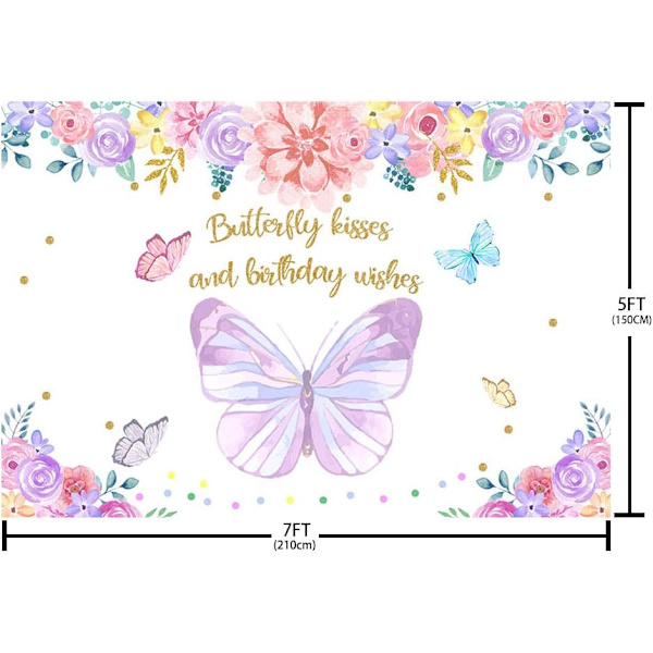 Perhos Syntymäpäivä Tausta Perhonen Juhla Koriste Violetti Vaaleanpunainen Kukka Perhonen Suukot Ja Syntymäpäivä Toiveet Valokuvaus Tausta Banneri 7x5ft